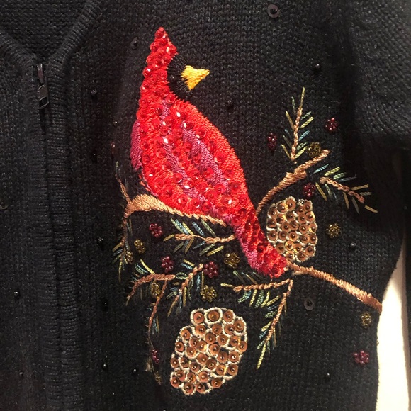 Vintage Tiara Embroidered Sequin Cardinal Black Zip Up Cardigan Size PS - Picture 4 of 9